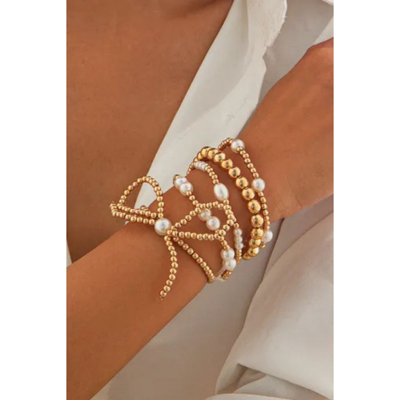 Women's Gold and White Pearl Beaded Bracelet Set, One Size - Picture 5 of 9